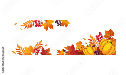 Fototapeta Naklejka Na Ścianę i Meble -  Thanksgiving banner with pumpkins and colorful chokeberry, rowan, maple leaves, border frame with space for text vector Illustration