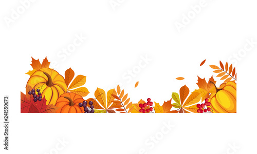 Thanksgiving banner with space for text, chokeberry, rowan, maple leaves and pumpkins vector Illustration