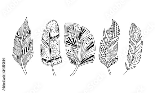 Stylized feathers set, black and white tribal, artistically drawn feathers, pattern for coloring page, tattoo design vector Illustration on a white background