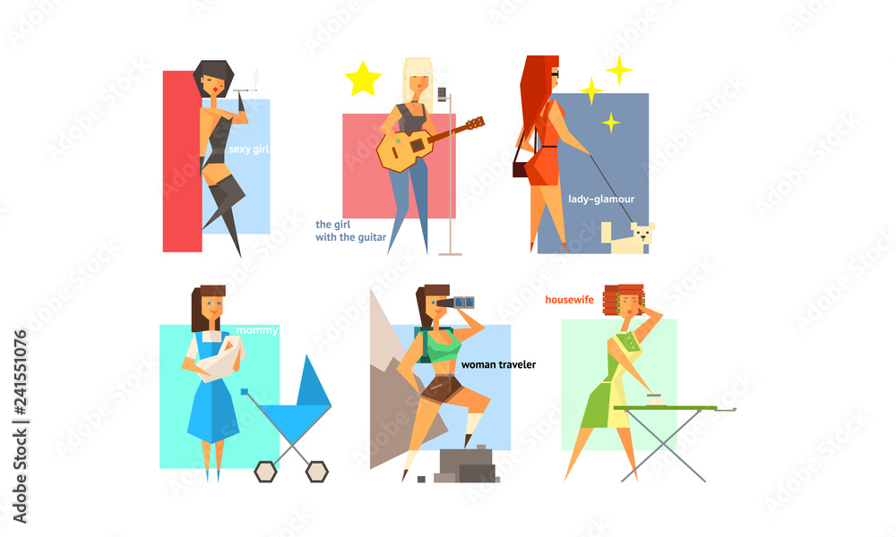 Female charactes set, people hobbies, professions and lifestyles, sexy  girl, lady glamour, mommy, traveller, housewife, musician vector  Illustration Stock Vector | Adobe Stock