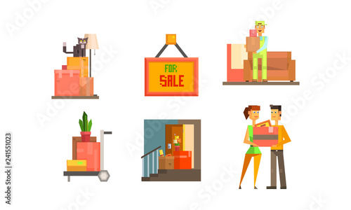 Real estate icons set, house for sale, people moving to a new home vector Illustration