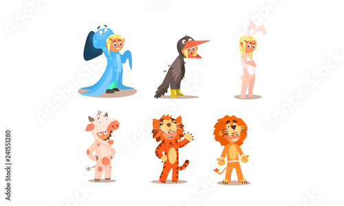 Girl and boy in different masquerade costumes set, ghost, bunny, cow, tiger, lion, vector Illustration