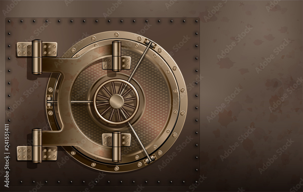 A huge metal round safe door. Reliable saving of secrets and passwords. A huge metal round safe door. Reliable saving of secrets and passwords.