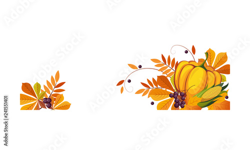 Thanksgiving banner with autumn colorful leaves and pumpkin, border frame with space for text vector Illustration