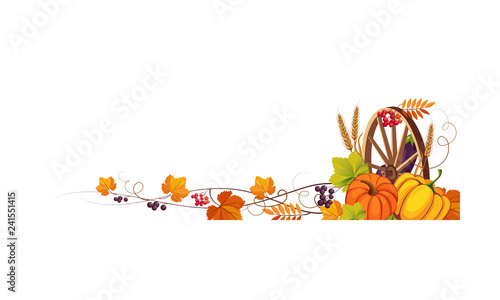 Thanksgiving banner with cornucopia and space for text  autumn vegetables  leaves and wooden wheel vector Illustration