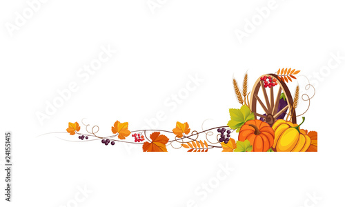 Thanksgiving banner with cornucopia and space for text, autumn vegetables, leaves and wooden wheel vector Illustration