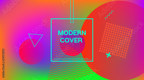 Memphis Minimal Cover Horizontal Vector Template. Neon Gradient Overlay, Small Space Particles Background. Geometric Memphis Design Elements, Horizontal Music Poster. Vintage Elemets Business Design.