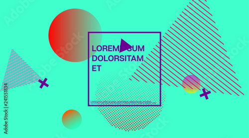 Memphis Minimal Cover Horizontal Vector Template. Neon Gradient Overlay, Small Space Particles Background. Geometric Memphis Design Elements, Horizontal Music Poster. Vintage Elemets Business Design.