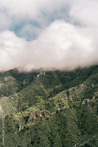 Landscape of foggy mountains in the morning  canarian islands  tenerife  spain.