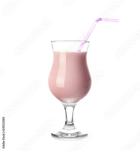 Glass of tasty milkshake on white background