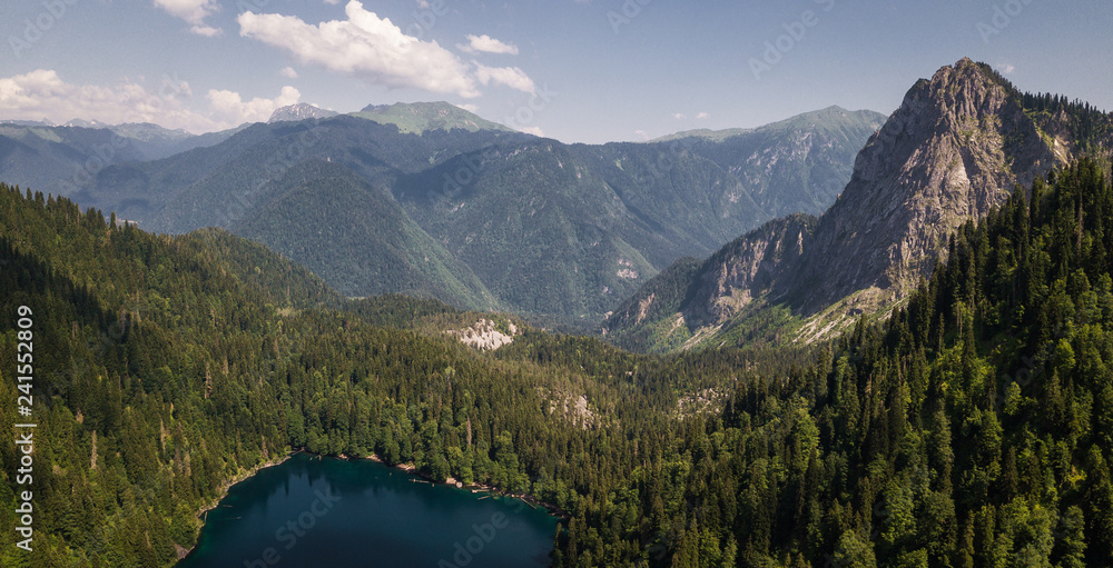 Amazing nature landscape view of lake Ritsa, Abkhazia Aerial view resort town Gagra, Abkhazia, Georgia