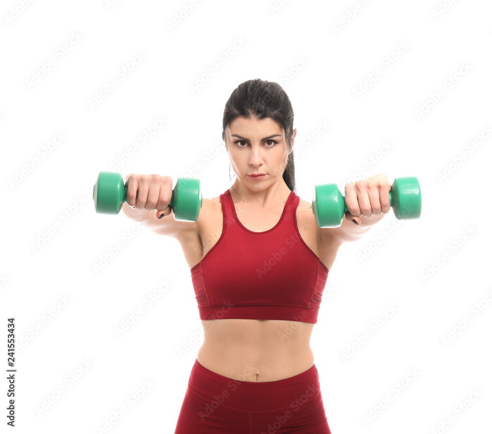 Sporty muscular woman with dumbbells on white background Sporty muscular woman with dumbbells on white background