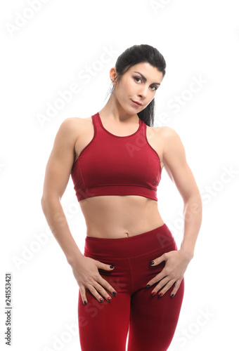 Sporty muscular woman on white background