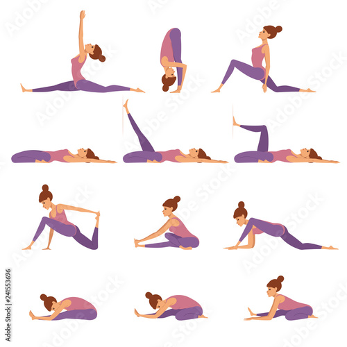 Basic RGBBody stretch collection. Vector illustration of young beautiful  cartoon woman doing different stretching exercises. Isolated on white Stock  Vector | Adobe Stock