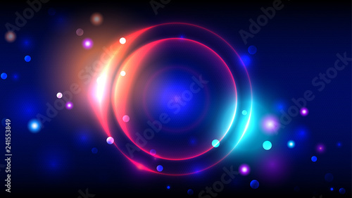 Bright party background, neon glowing circles, abstract multicolor round frame, bokeh