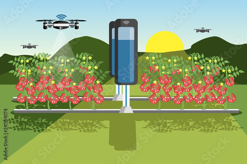 Growing plants in the field. Smart farm with wireless control. Eco farm with aquaponics system and irrigation system. Technology in agriculture. Vector illustration.