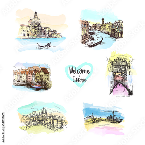 Watercolor splash with Hand drawn sketch illustration in vector.Drawing Europe travel set. Prague.Venice.Italy.Copenhagen. 