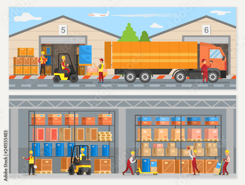 Fototapeta Naklejka Na Ścianę i Meble -  Warehouse Workers with Boxes and Trucks Loaders