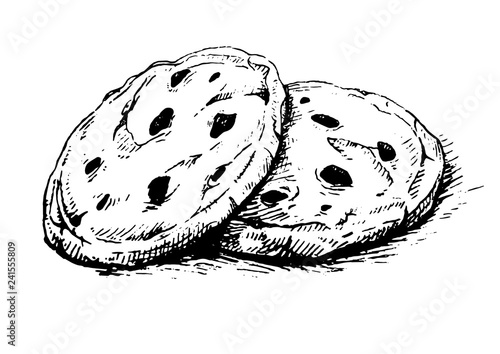Chocolate chip cookies.Sketch ink graphic american cookies illustration.Drawing. Delicious vintage etching food design.Oatmeal sweet dessert.