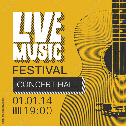 Vector banner or poster for live music festival with guitar in retro style on the yellow background