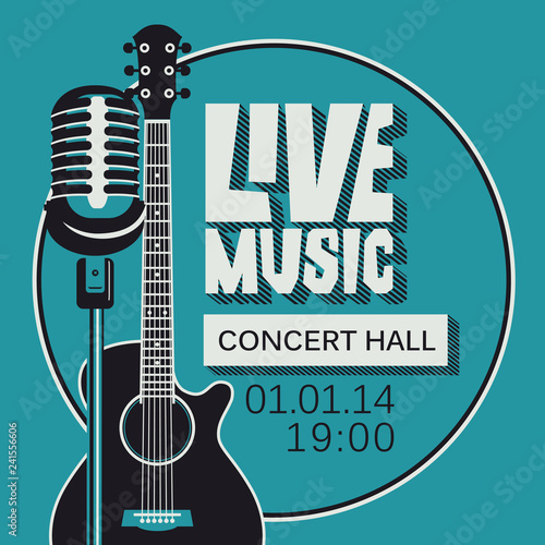 Vector poster for a live music concert or festival with a microphone, acoustic guitar and inscription in retro style. Template for flyers, banners, invitations, brochures and covers