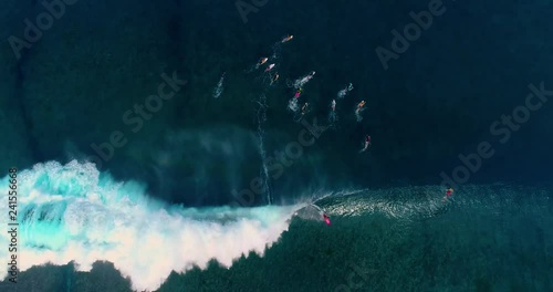 surfing in aerial view, teahupoo papeete french polynesia photo