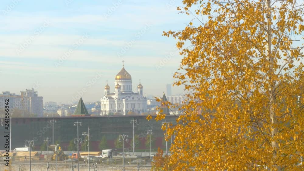 View of the Cathedral of Christ the Savior and the towers of the Moscow Kremlin. Russia