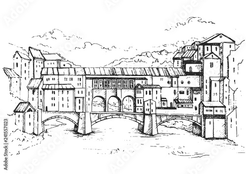 Bridge Ponte Vecchio and the Arno River from the Ponte Santa Trinita (Holy Trinity Bridge) in Florence,Tuscany, Italy.Vintage travel sketch.Retro style touristic postcard, poster or book illustration.