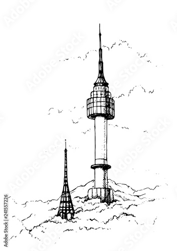Hand drawn illustration of Seoul tower,Namsan tower in korea.N seoul tower .South Korea.Sketch.