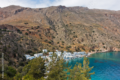 Viewpoint from a hiking trail above Loutro bay at sunset, island of Crete, Greece