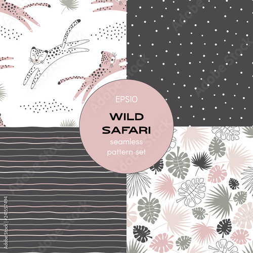 Safari themed vector seamless background set includes tropical leaves, stripes, polka dots and leopard patterns, vector graphics, kids and baby summer textile tee shirt apparel print
