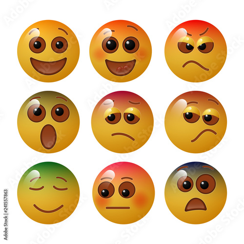 Smiley showing basic human feelings and emotions with facial expressions and colors. Vector illustration.