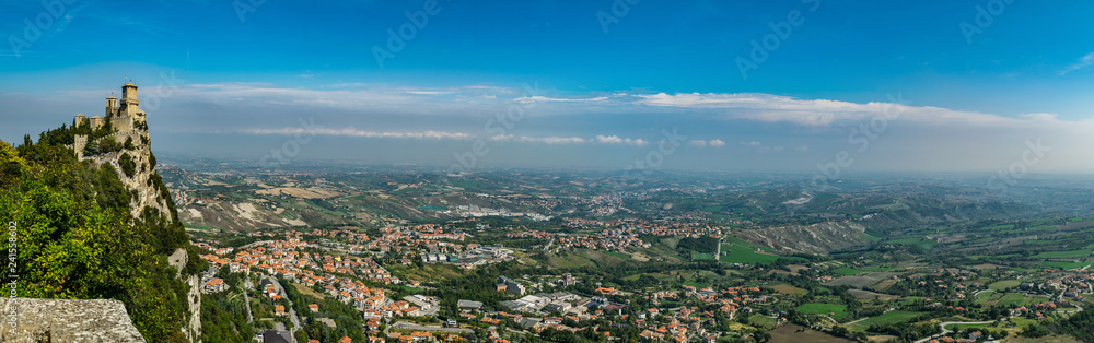 Panoramic view on medieval castle Torre Guaita on top of the mountain, old city of republic of san marino