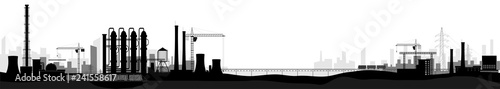 Industrial or factory landscape. Horizontal wide view. Black and white image.