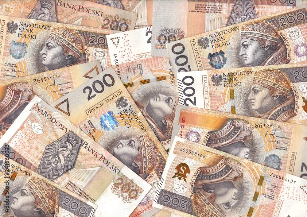 Polish zlotys - Polish currency, 200 PLN bills (banknotes face value PLN 200) - carpet from money - obrazy, fototapety, plakaty 