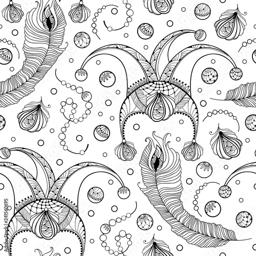Vector seamless pattern with outline clown or harlequin cap, peacock feather and ornate beads in black on the white background. Traditional symbols of Mardi Gras masquerade in contour style.