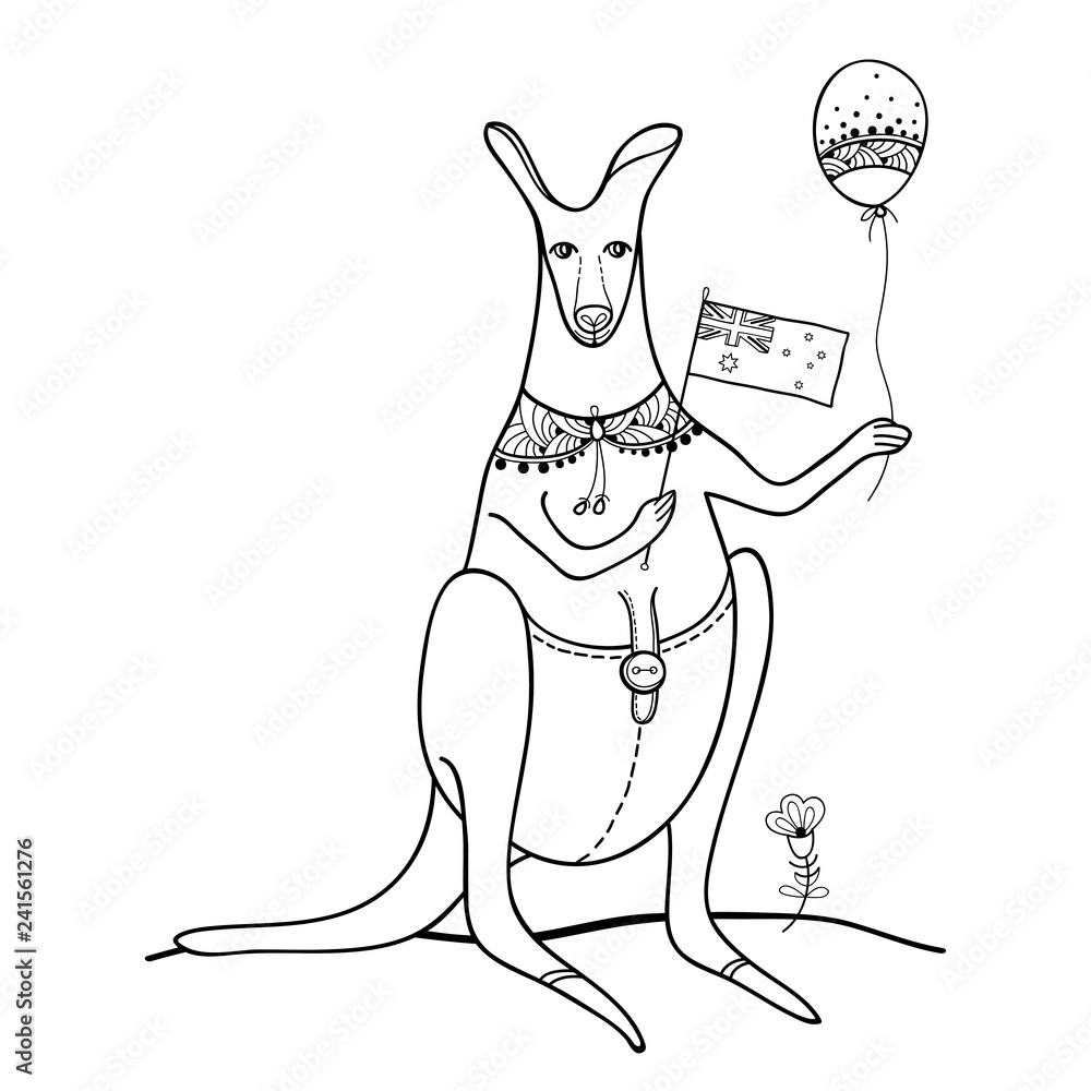 Vector outline kangaroo with Australian flag and balloon in black isolated  on white background. National symbols and animal for Happy Australia day in  contour for greeting design or coloring book. Stock Vector |
