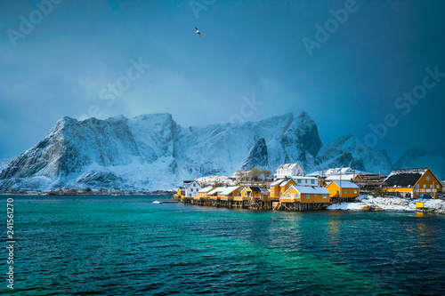 Yellow rorbu houses, Lofoten islands, Norway