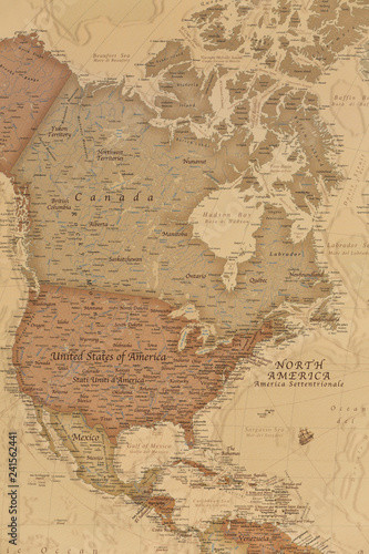 Ancient geographic map of north America with names of the countries