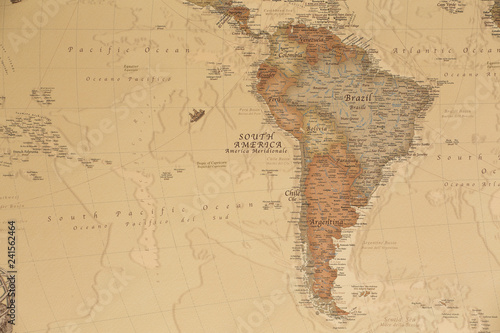 Ancient geographic map of south America with names of the countries
