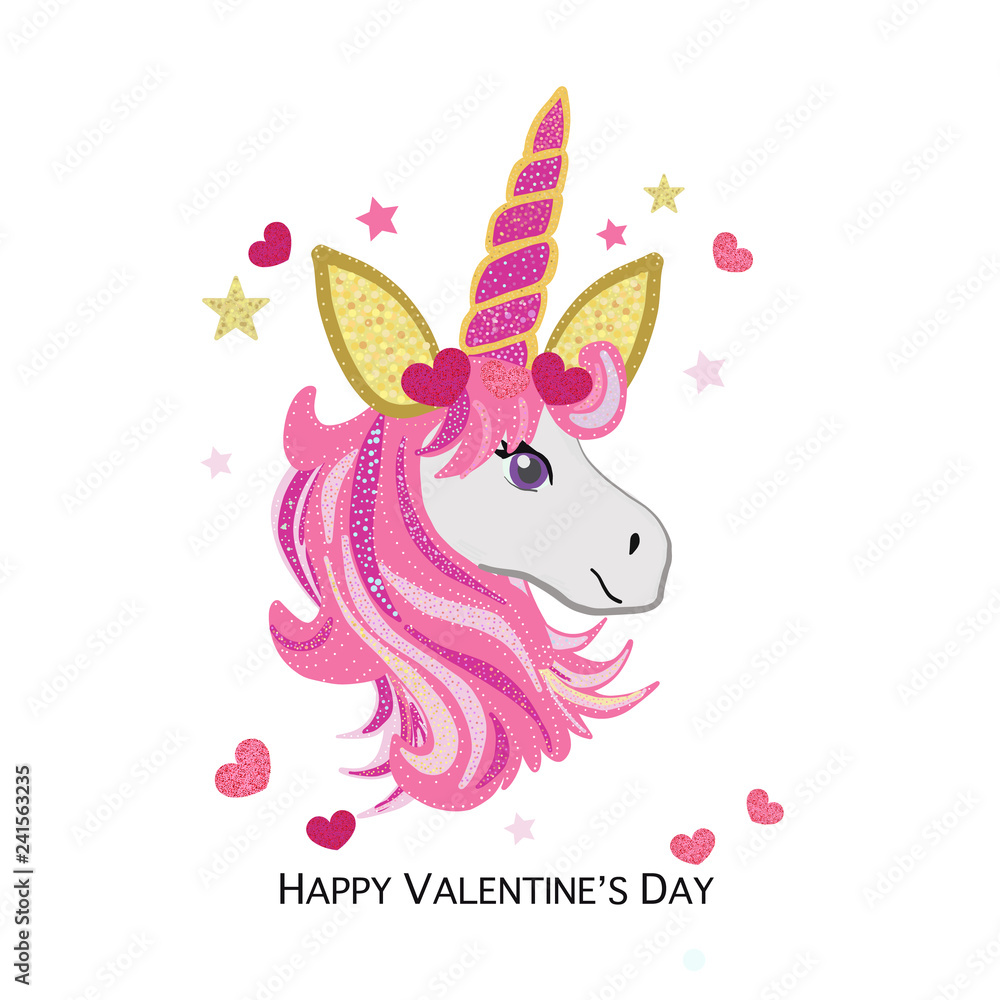 Magical unicorn with pink and red shining heart. Valentine's Day greeting card Magical unicorn with pink and red shining heart. Valentine's Day greeting card