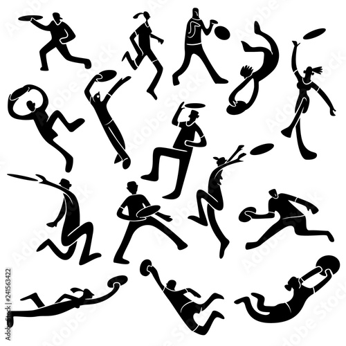 Ultimate players silhouettes. Boy and girl catching flying disc. Sport competition shapes.