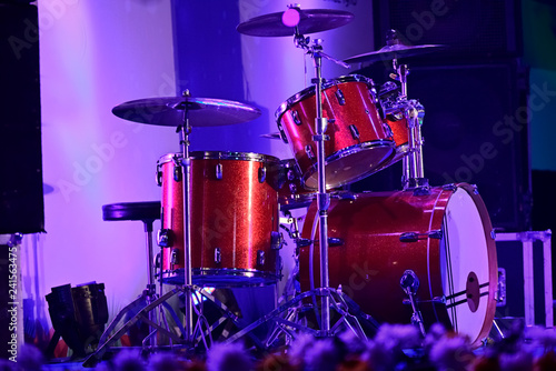 Close-up of musical drum set is ready to play in a live stage programmed.