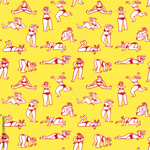 Background with cute beach girls. Seamless pattern with doodle woman character sunbathing