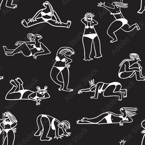 Background with cute beach girls. Seamless pattern with doodle woman character sunbathing