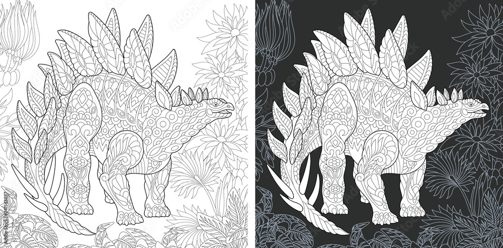 Fototapeta premium Coloring pages with Stegosaurus dinosaur