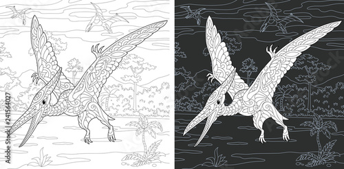 Coloring pages with Pterodactyl dinosaur