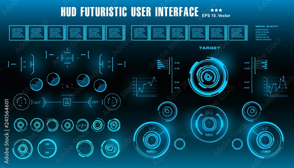 HUD futuristic blue user interface, dashboard display virtual reality technology screen HUD futuristic blue user interface, dashboard display virtual reality technology screen