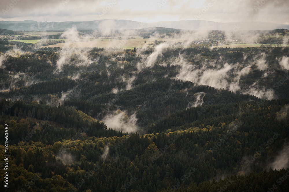 Deadpan dark misty rainy morning landscape with the sand rocky montains in Czech Saxon Switzerland in autumn colors