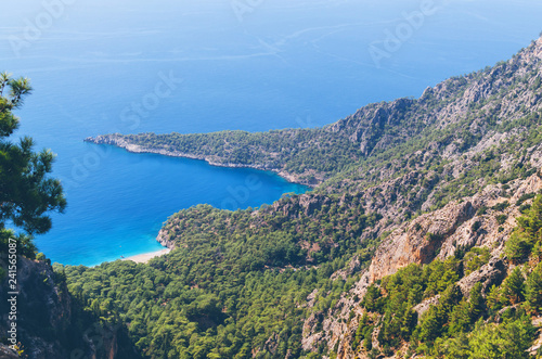 Turkey landscape with blue sea, sky, green hills and mountains